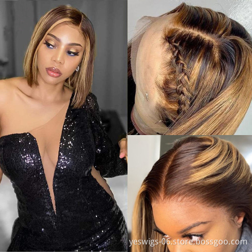 Wholesale Peruvian Virgin 150% Density Human Hair Highlight Short Bob Wig  Brown P4/30 5X5 Lace Front Wig Pre Plucked Baby Hair